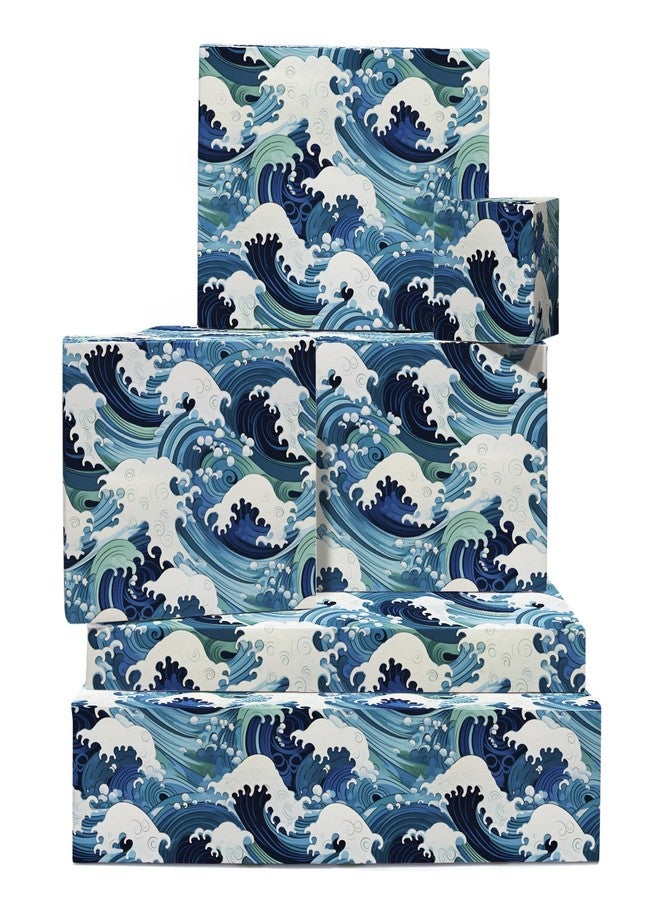 CENTRAL 23 Blue Wrapping Paper - 6 Sheets of Birthday Gift Wrap - Japanese Great Wave Inspired - Ocean Themed - For Kids Men Women - Recyclable - Image 1